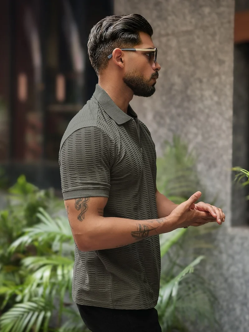 مانياك Maniac Mens Vertical Stripe HighStreet Polo Neck Half Sleeve Cream and Brown Corduroy Polo T-Shirt